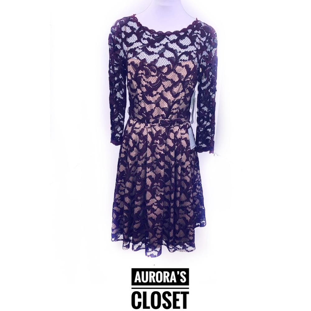 Eliza J 6 Dark Burgundy Lace Dress Fit Flare Long Sleeve Nude Lining Dress NWT
